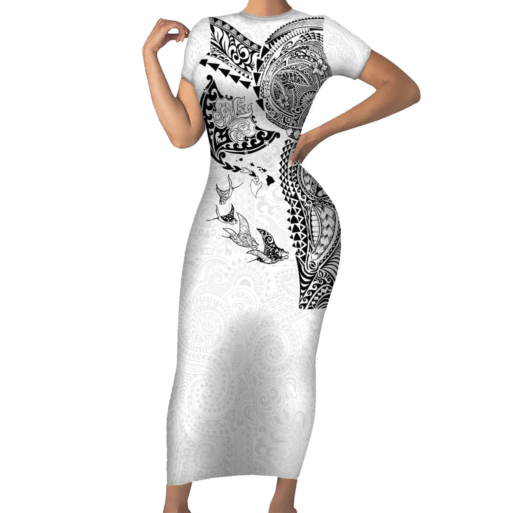 Hawaiian Manta Ray Tribal Short Sleeve Bodycon Dress Polynesian Art Motifs White Color LT03 Long Dress White - Polynesian Pride