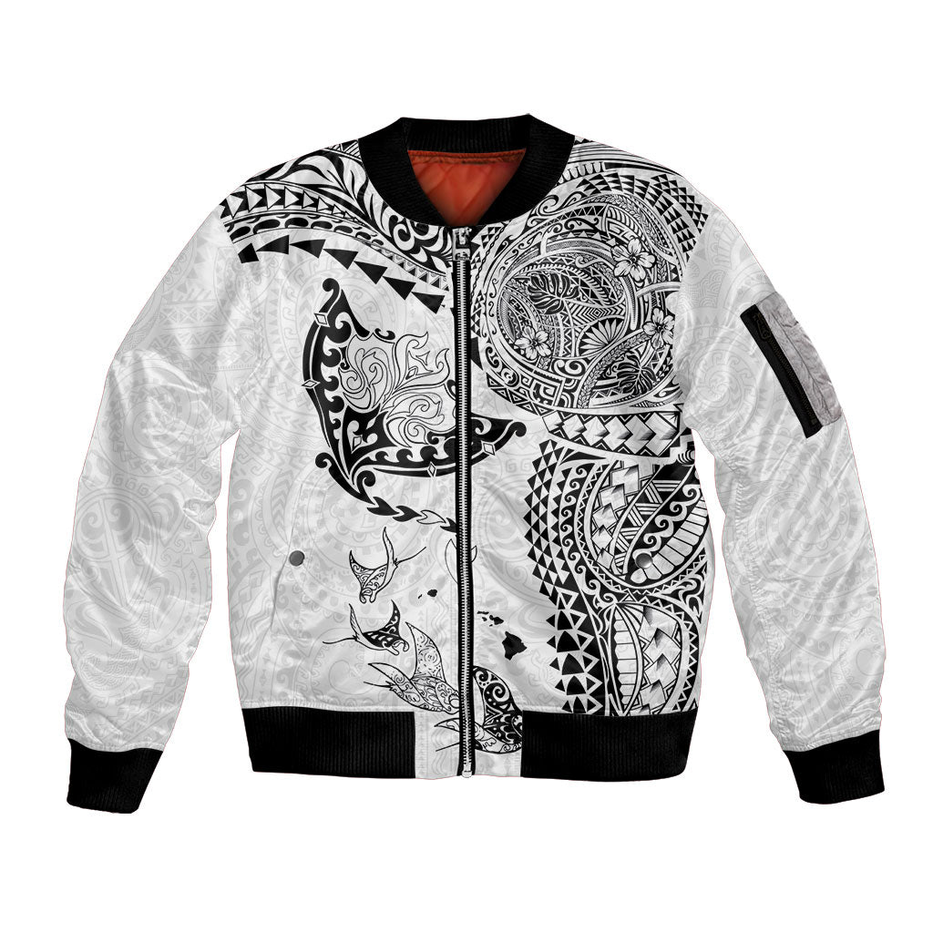 Hawaiian Manta Ray Tribal Sleeve Zip Bomber Jacket Polynesian Art Motifs White Color
