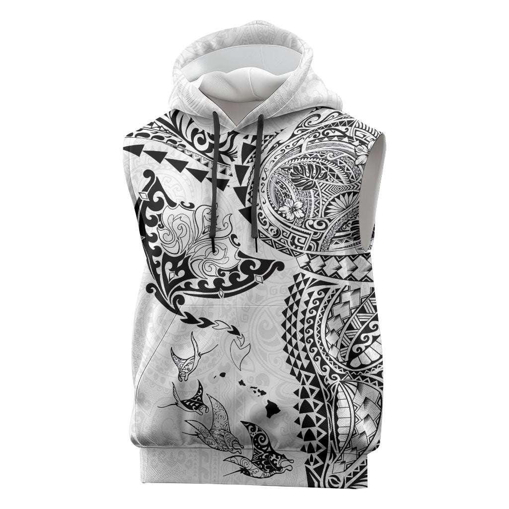 Hawaiian Manta Ray Tribal Sleeveless Hoodie Polynesian Art Motifs White Color LT03 White - Polynesian Pride