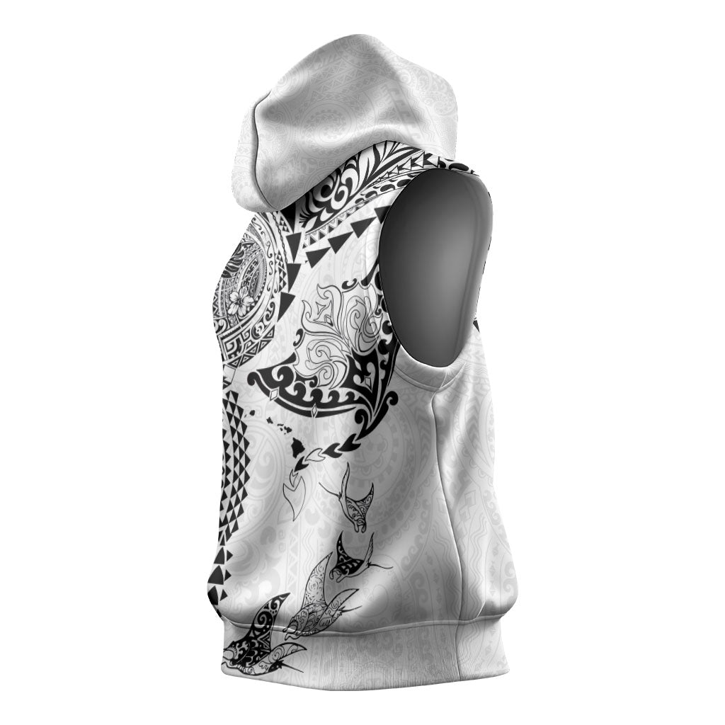 Hawaiian Manta Ray Tribal Sleeveless Hoodie Polynesian Art Motifs White Color LT03 - Polynesian Pride