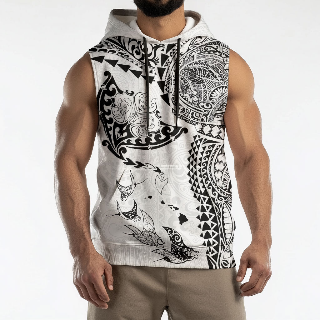 Hawaiian Manta Ray Tribal Sleeveless Hoodie Polynesian Art Motifs White Color LT03 - Polynesian Pride