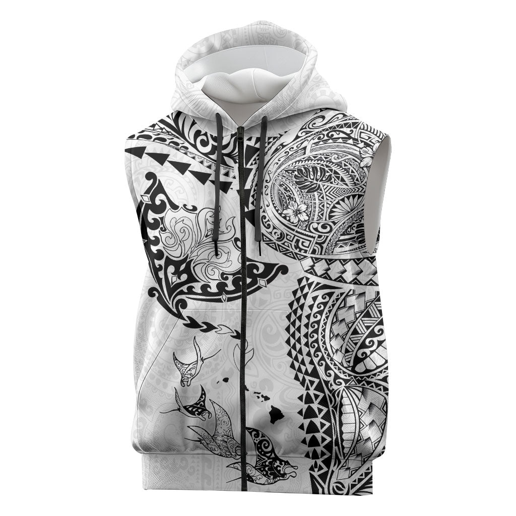Hawaiian Manta Ray Tribal Sleeveless Zip Hoodie Polynesian Art Motifs White Color LT03 White - Polynesian Pride