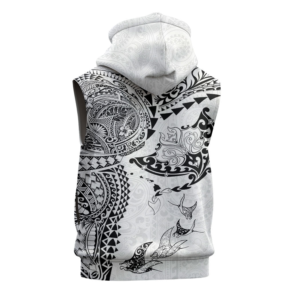 Hawaiian Manta Ray Tribal Sleeveless Zip Hoodie Polynesian Art Motifs White Color LT03 - Polynesian Pride
