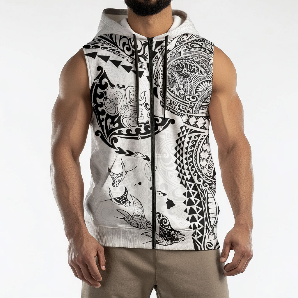 Hawaiian Manta Ray Tribal Sleeveless Zip Hoodie Polynesian Art Motifs White Color LT03 - Polynesian Pride