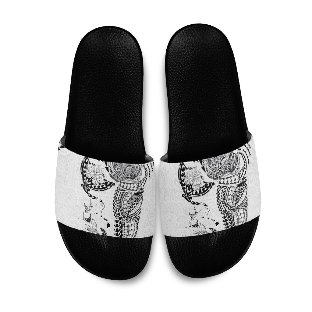Hawaiian Manta Ray Tribal Slide Sandals Polynesian Art Motifs White Color