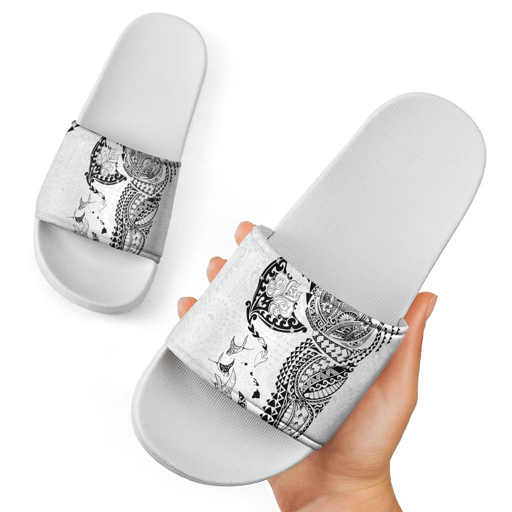 Hawaiian Manta Ray Tribal Slide Sandals Polynesian Art Motifs White Color