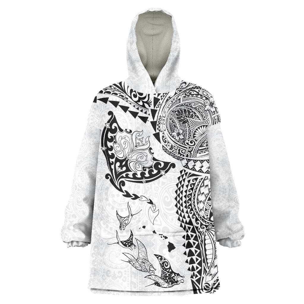 Hawaiian Manta Ray Tribal Wearable Blanket Hoodie Polynesian Art Motifs White Color LT03 One Size White - Polynesian Pride
