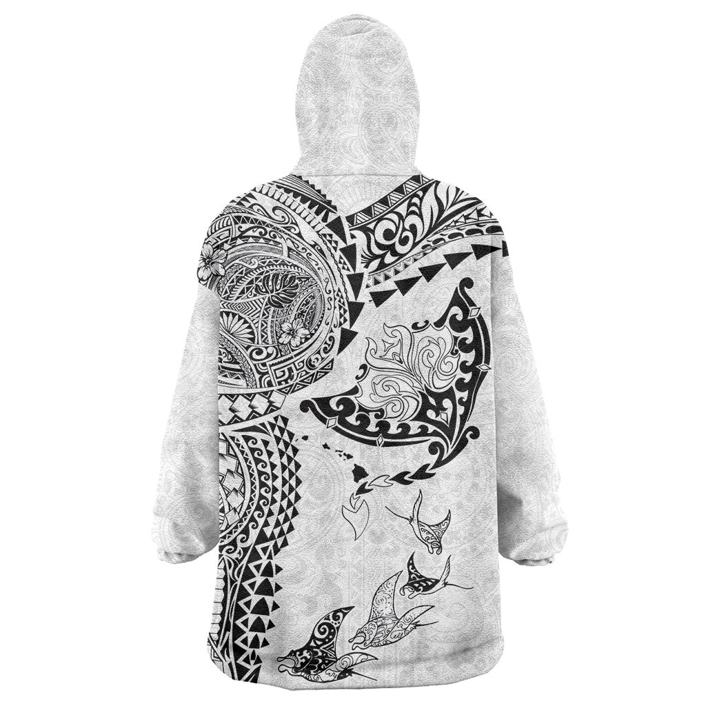Hawaiian Manta Ray Tribal Wearable Blanket Hoodie Polynesian Art Motifs White Color LT03 - Polynesian Pride