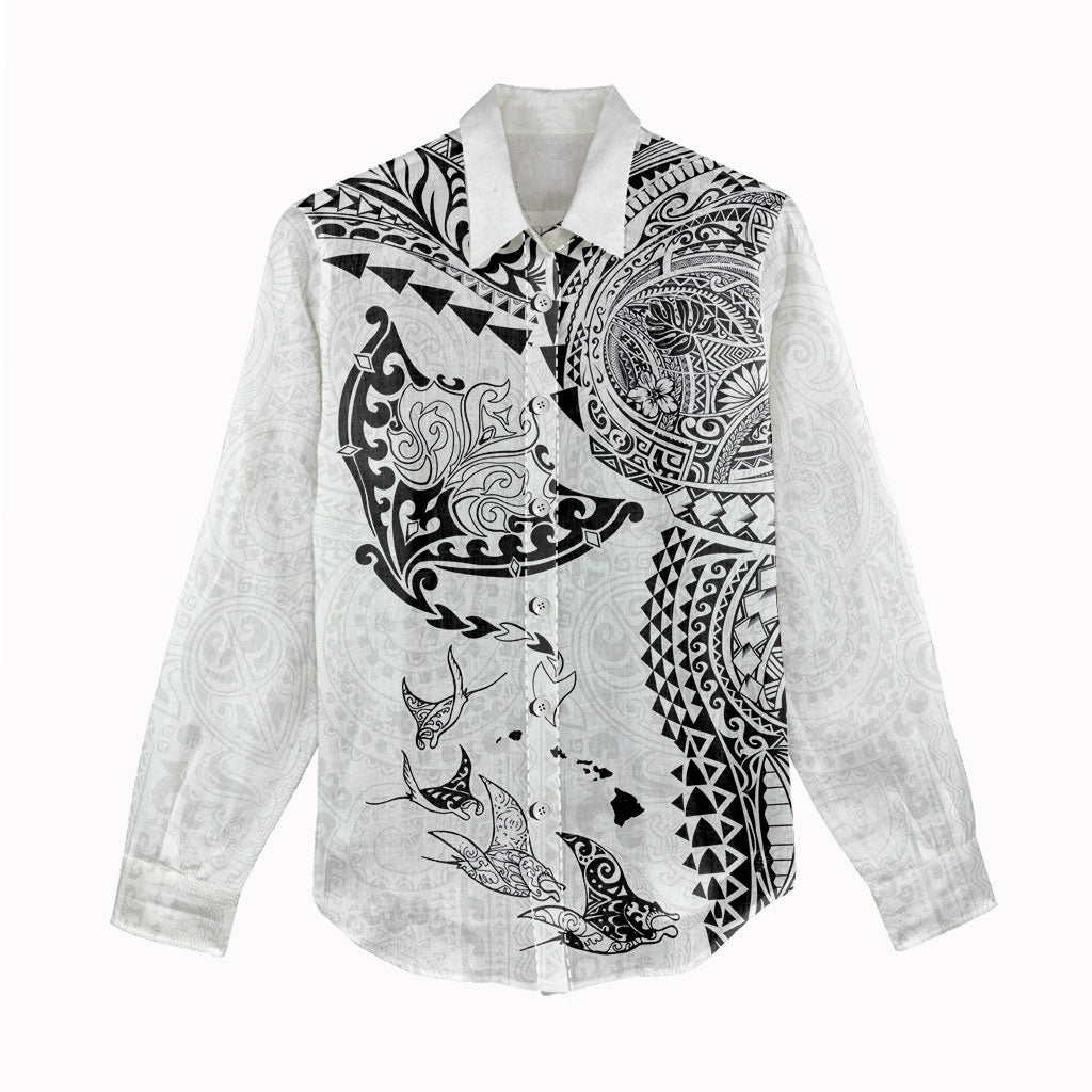 Hawaiian Manta Ray Tribal Women Casual Shirt Polynesian Art Motifs White Color LT03 - Polynesian Pride