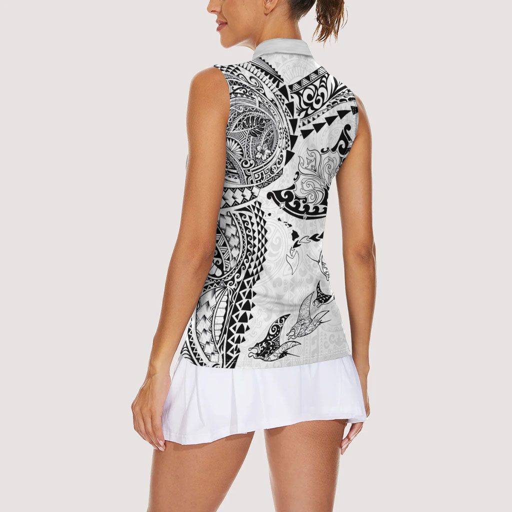 Hawaiian Manta Ray Tribal Women Sleeveless Polo Shirt Polynesian Art Motifs White Color LT03 - Polynesian Pride