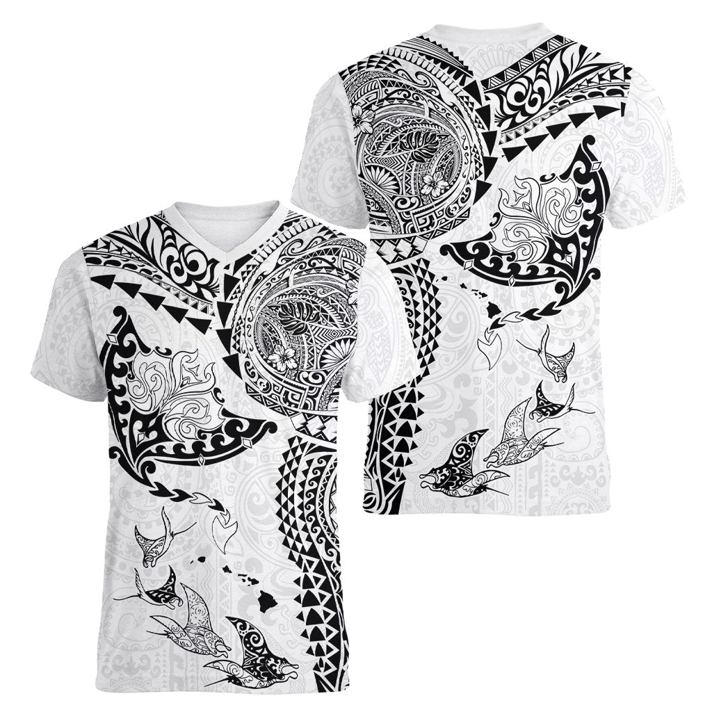 Hawaiian Manta Ray Tribal Women V-Neck T-Shirt Polynesian Art Motifs White Color LT03 - Polynesian Pride