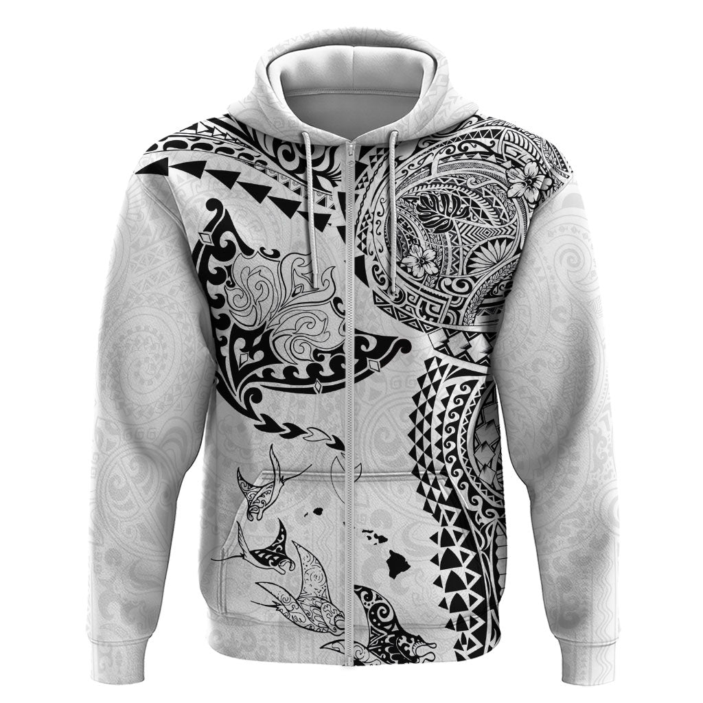 Hawaiian Manta Ray Tribal Zip Hoodie Polynesian Art Motifs White Color LT03 Zip Hoodie White - Polynesian Pride