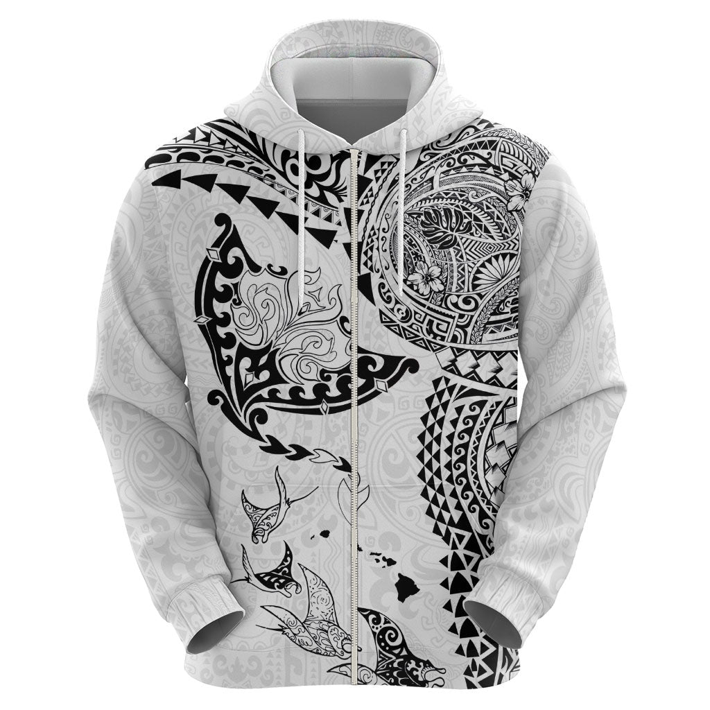 Hawaiian Manta Ray Tribal Zip Hoodie Polynesian Art Motifs White Color LT03 - Polynesian Pride