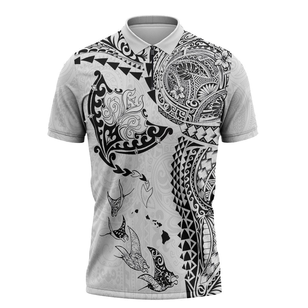 Hawaiian Manta Ray Tribal Zipper Polo Shirt Polynesian Art Motifs White Color LT03 White - Polynesian Pride
