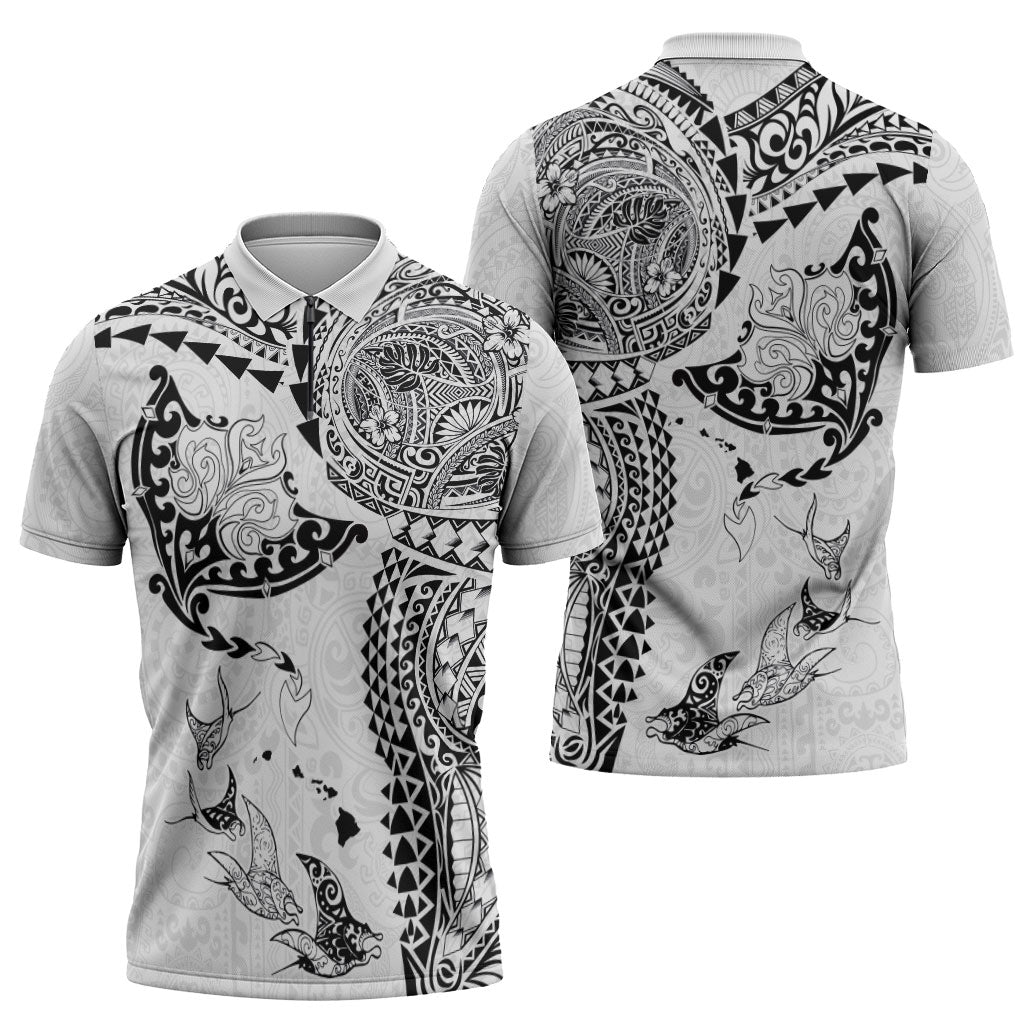 Hawaiian Manta Ray Tribal Zipper Polo Shirt Polynesian Art Motifs White Color LT03 - Polynesian Pride