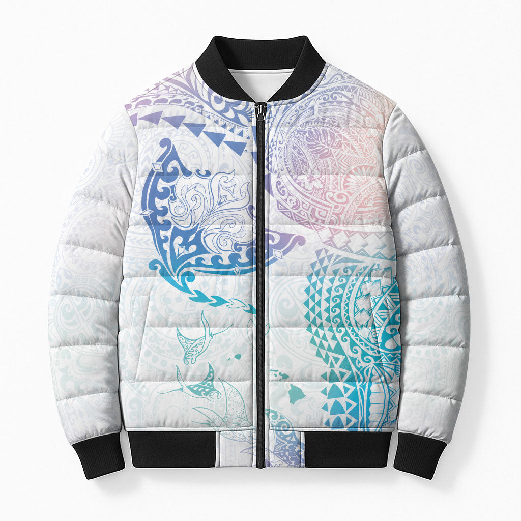 Hawaiian Manta Ray Tribal Bomber Puffer Jacket Polynesian Art Motifs Sweet Pastel