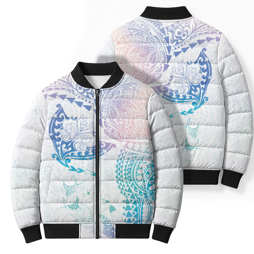 Hawaiian Manta Ray Tribal Bomber Puffer Jacket Polynesian Art Motifs Sweet Pastel