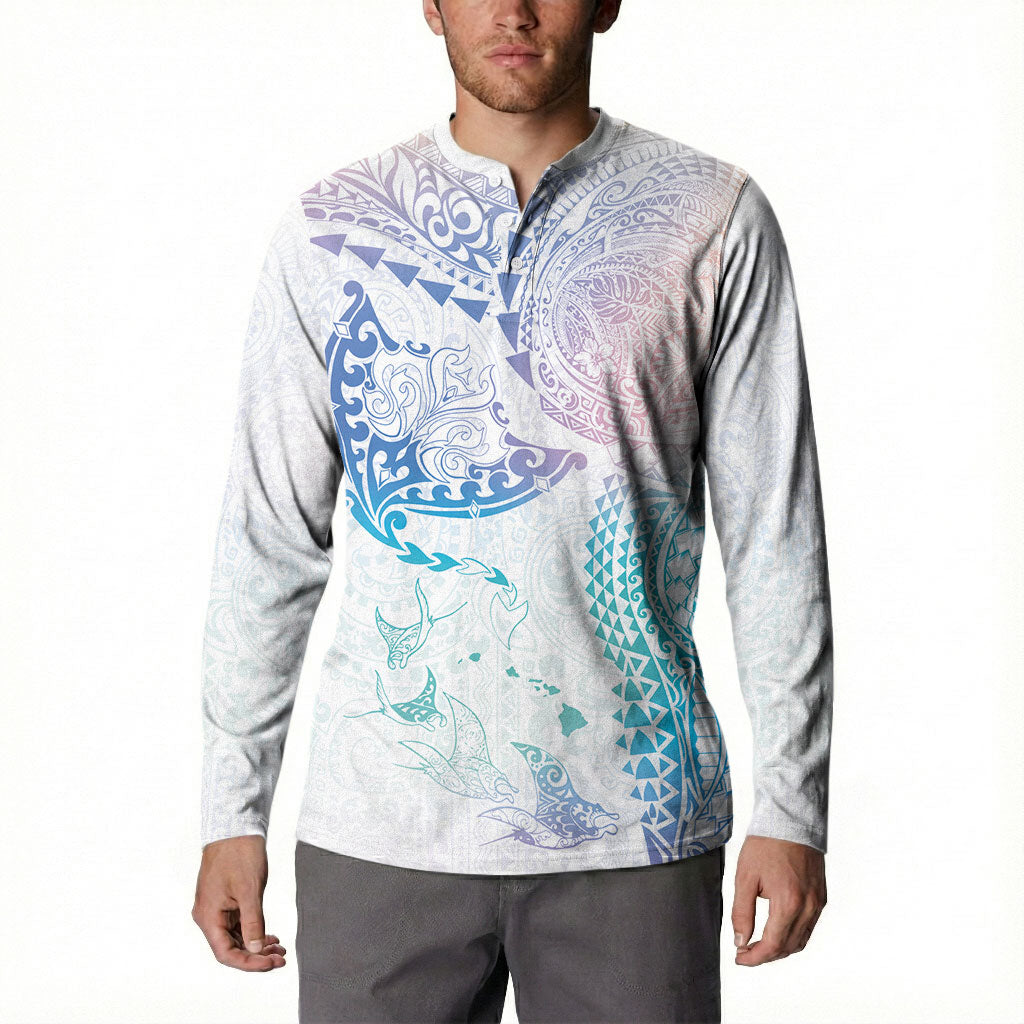 Hawaiian Manta Ray Tribal Button Sweatshirt Polynesian Art Motifs Sweet Pastel