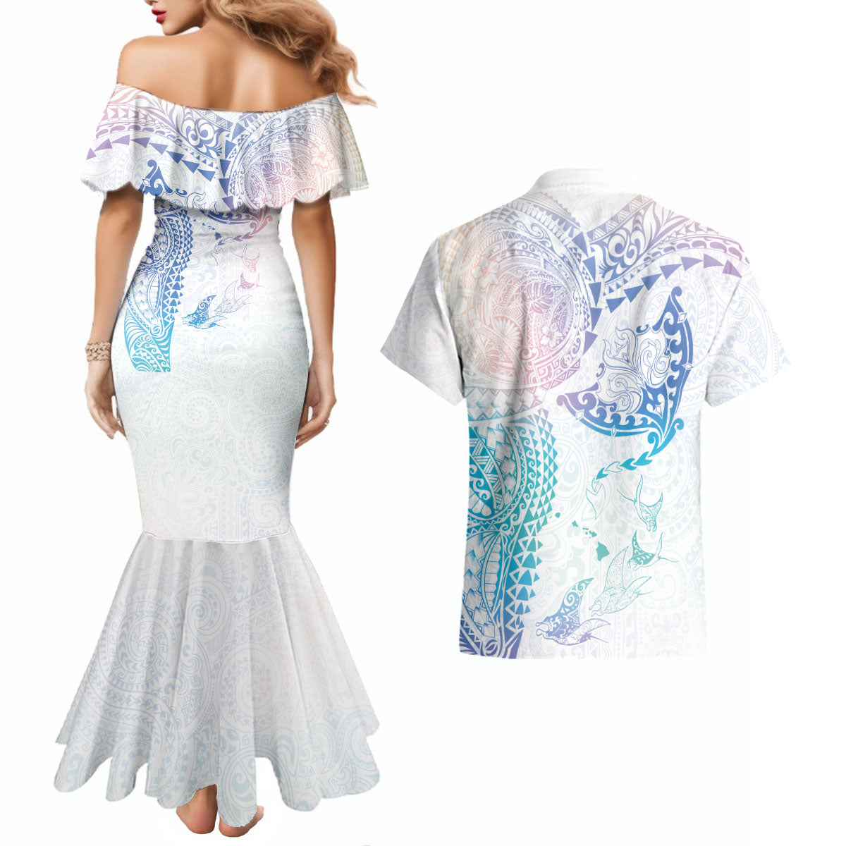 Hawaiian Manta Ray Tribal Couples Matching Mermaid Dress and Hawaiian Shirt Polynesian Art Motifs Sweet Pastel LT03 - Polynesian Pride