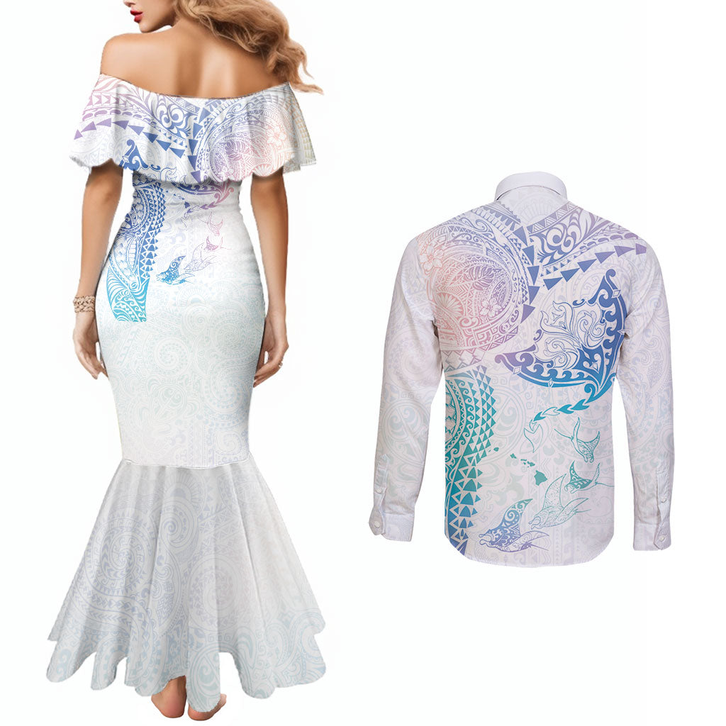 Hawaiian Manta Ray Tribal Couples Matching Mermaid Dress and Long Sleeve Button Shirt Polynesian Art Motifs Sweet Pastel LT03 - Polynesian Pride