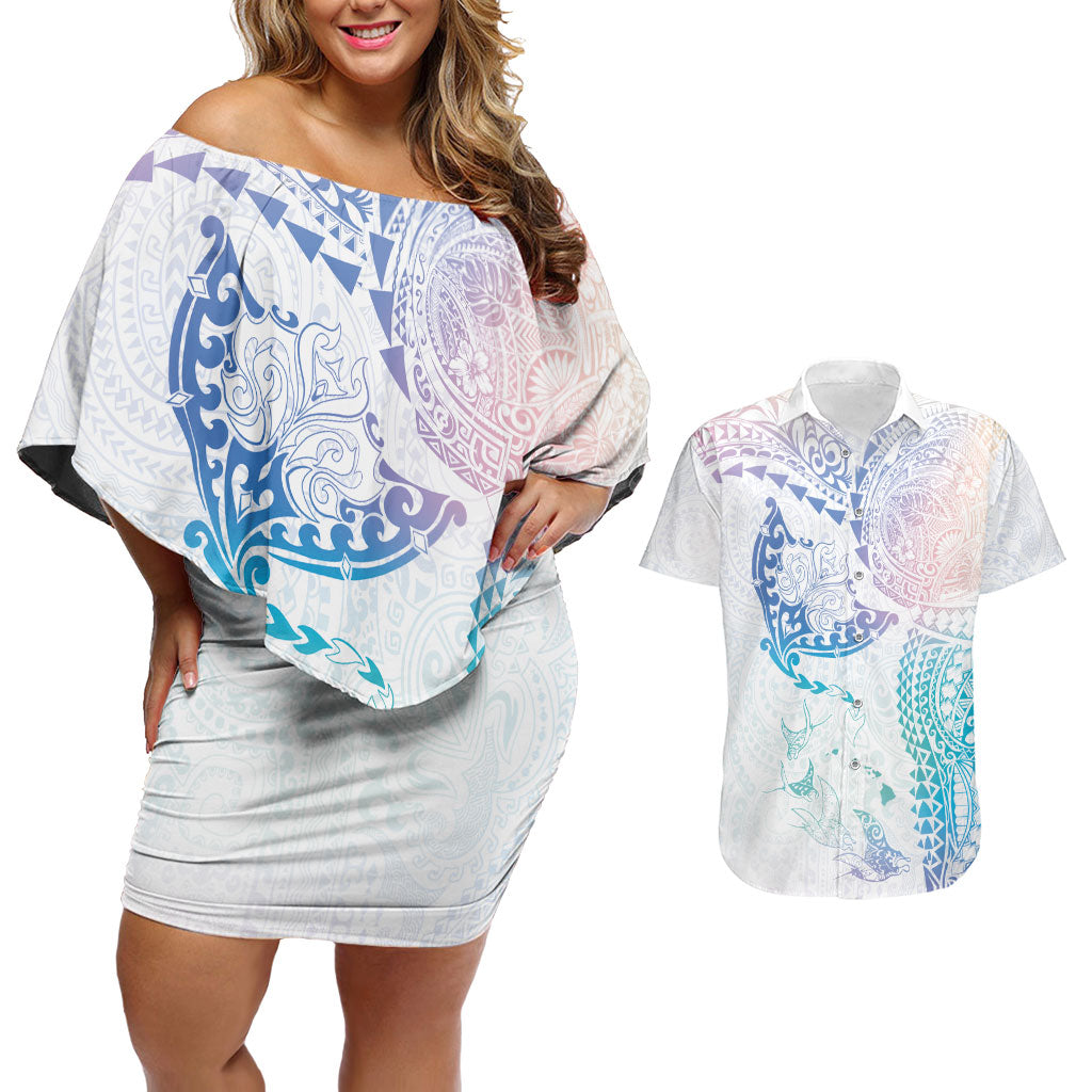 Hawaiian Manta Ray Tribal Couples Matching Off Shoulder Short Dress and Hawaiian Shirt Polynesian Art Motifs Sweet Pastel LT03 Multicolor - Polynesian Pride