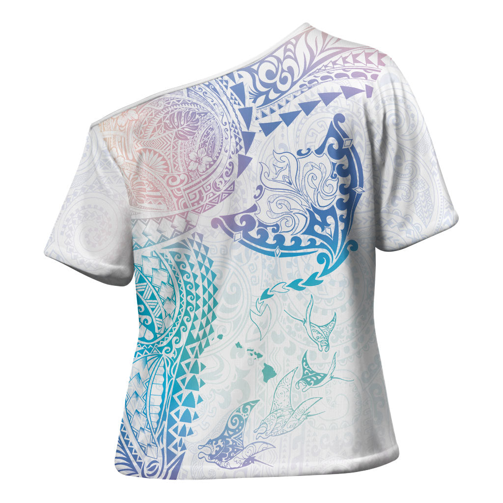 Hawaiian Manta Ray Tribal Cross Shoulder Shirt Polynesian Art Motifs Sweet Pastel LT03 - Polynesian Pride