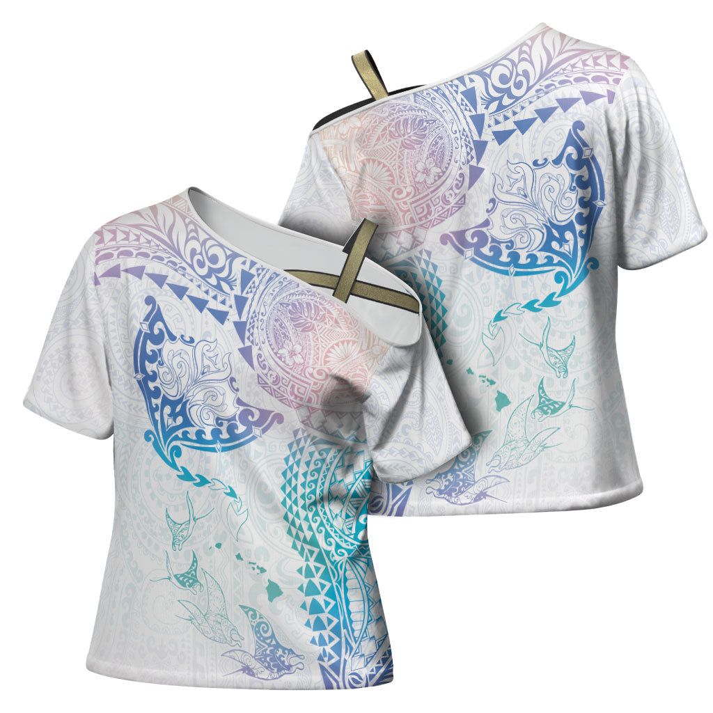 Hawaiian Manta Ray Tribal Cross Shoulder Shirt Polynesian Art Motifs Sweet Pastel LT03 - Polynesian Pride