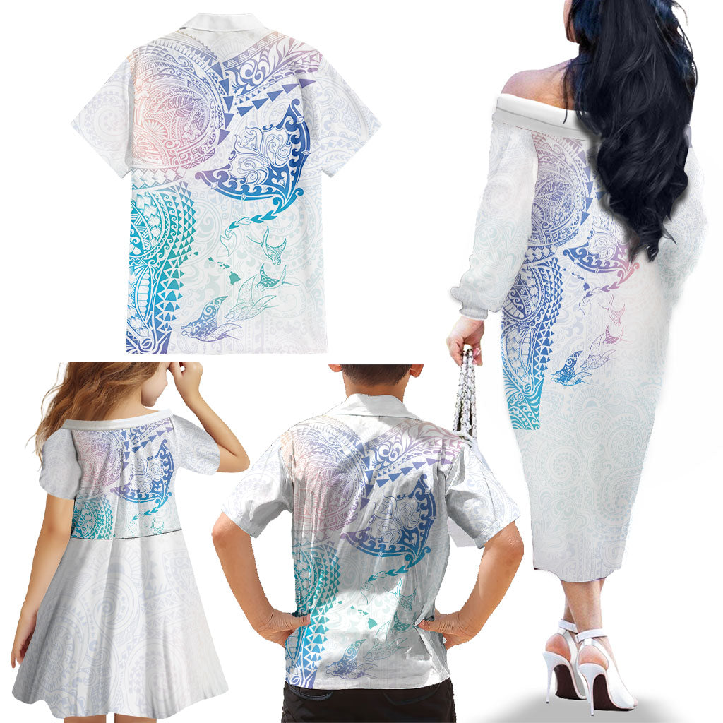 Hawaiian Manta Ray Tribal Family Matching Off The Shoulder Long Sleeve Dress and Hawaiian Shirt Polynesian Art Motifs Sweet Pastel LT03 - Polynesian Pride