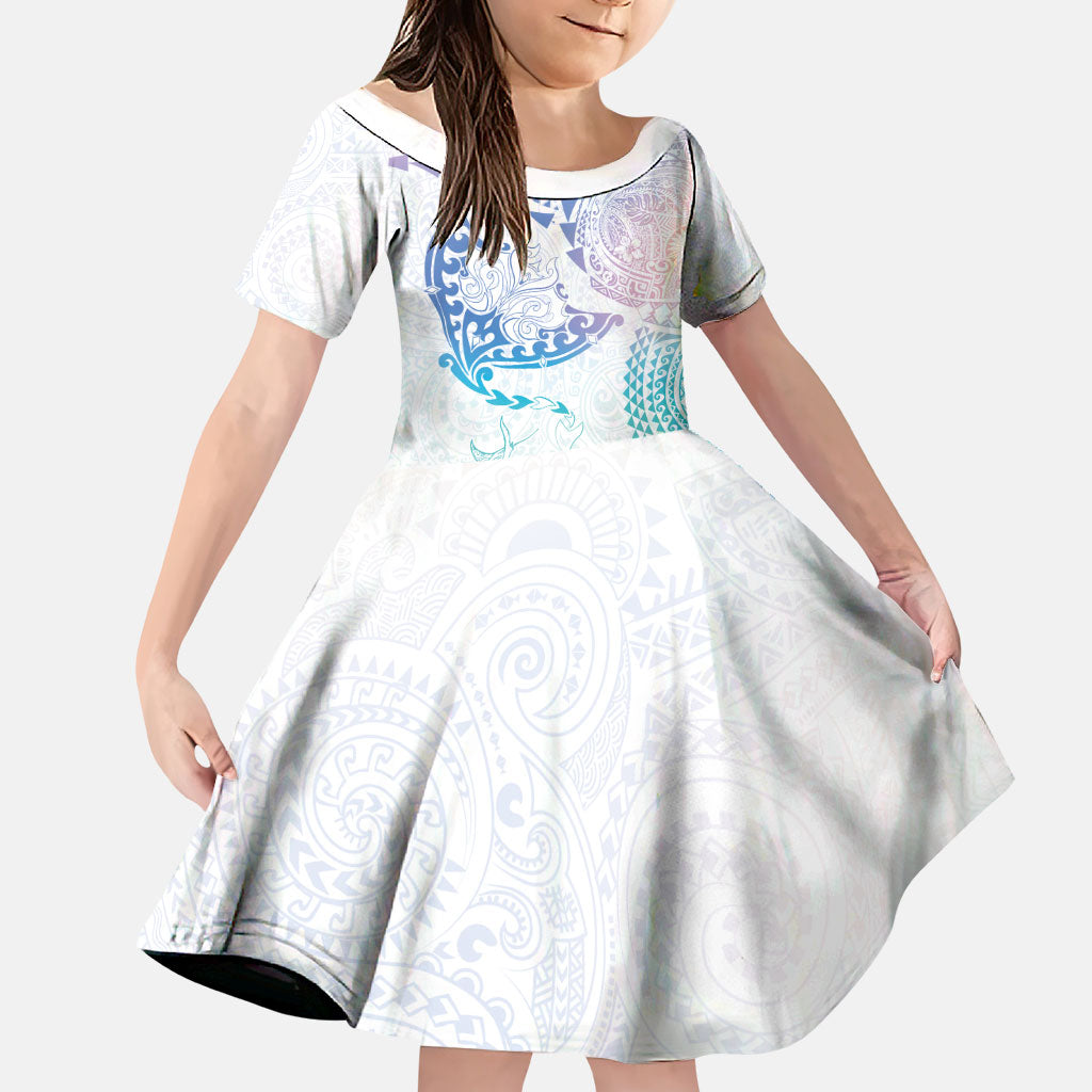 Hawaiian Manta Ray Tribal Family Matching Puletasi and Hawaiian Shirt Polynesian Art Motifs Sweet Pastel LT03 Daughter's Dress Multicolor - Polynesian Pride