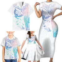 Hawaiian Manta Ray Tribal Family Matching Short Sleeve Bodycon Dress and Hawaiian Shirt Polynesian Art Motifs Sweet Pastel LT03 - Polynesian Pride