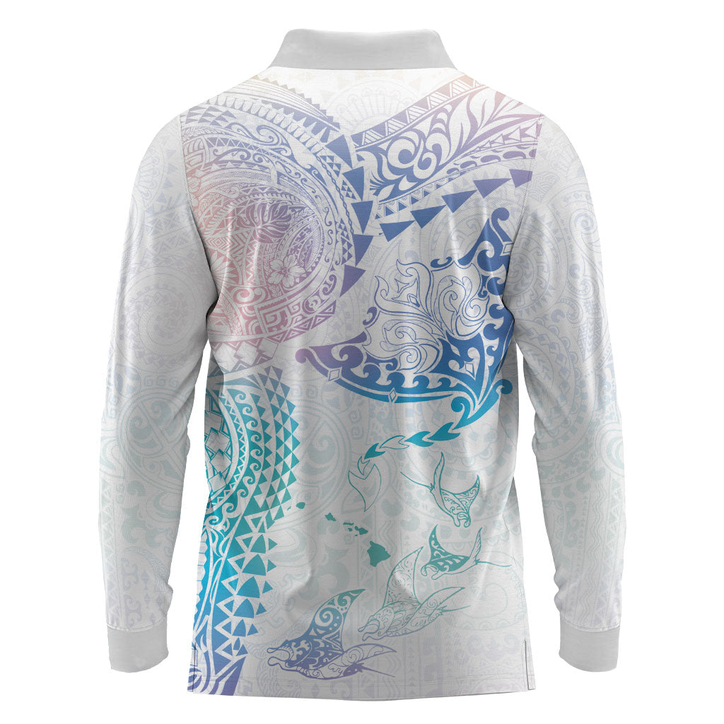 Hawaiian Manta Ray Tribal Long Sleeve Polo Shirt Polynesian Art Motifs Sweet Pastel LT03 - Polynesian Pride