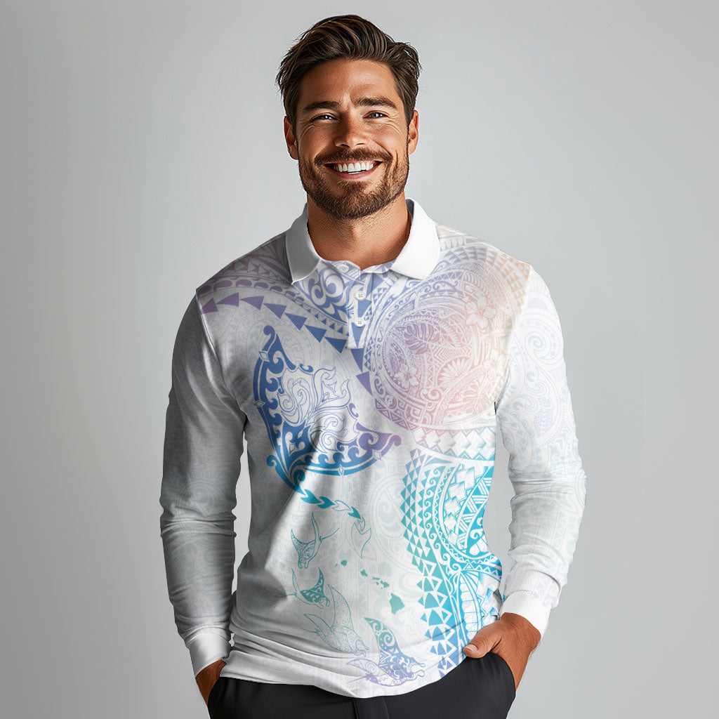 Hawaiian Manta Ray Tribal Long Sleeve Polo Shirt Polynesian Art Motifs Sweet Pastel LT03 - Polynesian Pride