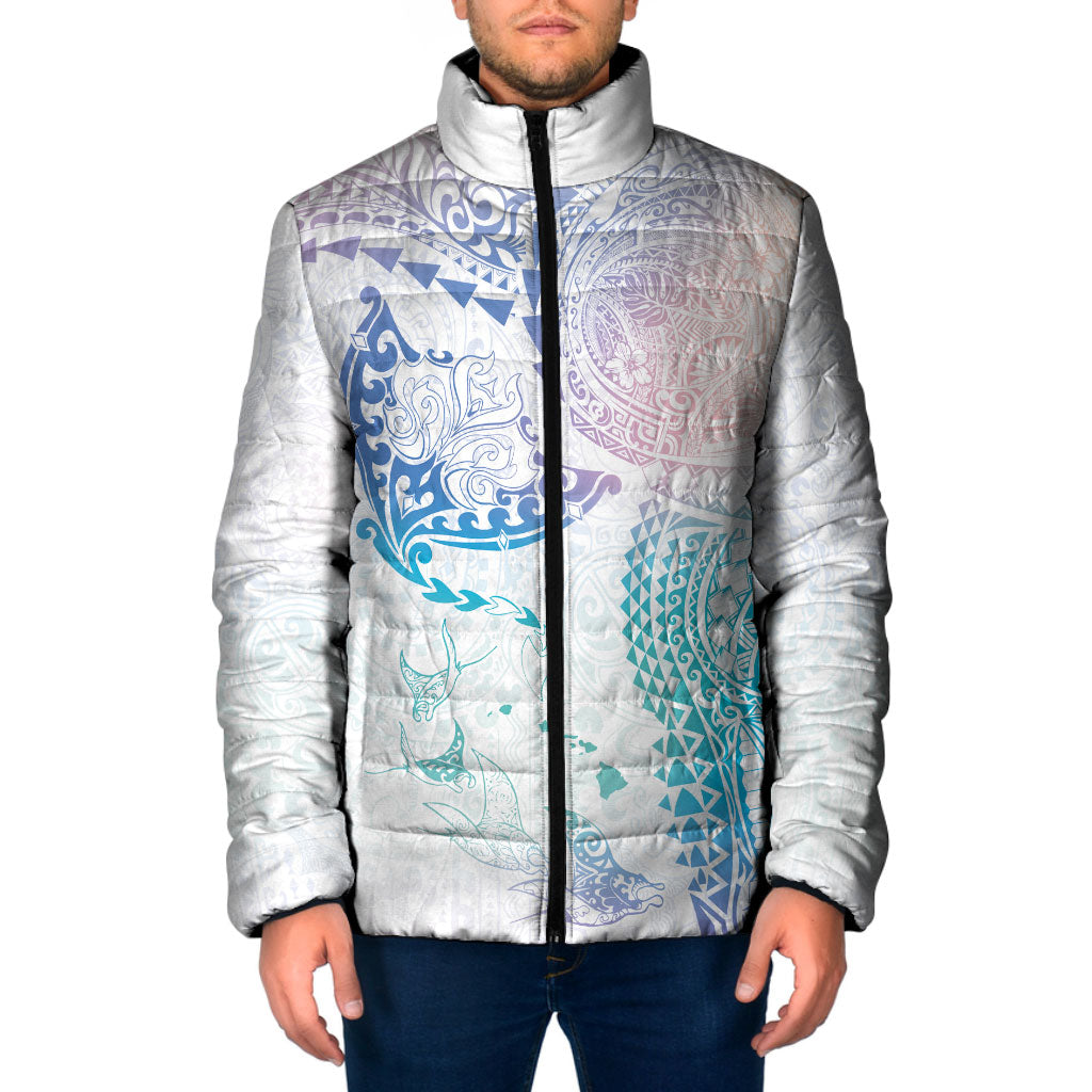 Hawaiian Manta Ray Tribal Padded Jacket Polynesian Art Motifs Sweet Pastel