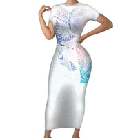 Hawaiian Manta Ray Tribal Short Sleeve Bodycon Dress Polynesian Art Motifs Sweet Pastel LT03 Long Dress Multicolor - Polynesian Pride