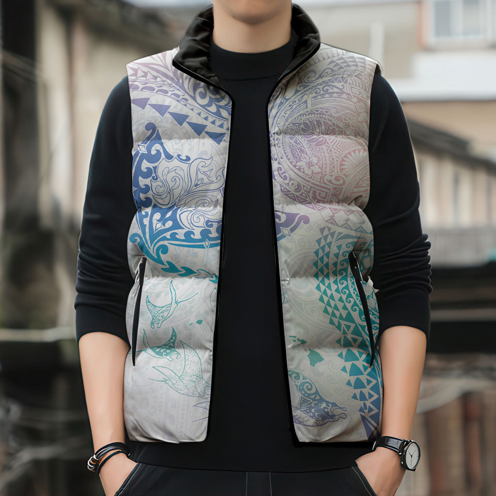 Hawaiian Manta Ray Tribal Sleeveless Puffer Jacket Polynesian Art Motifs Sweet Pastel