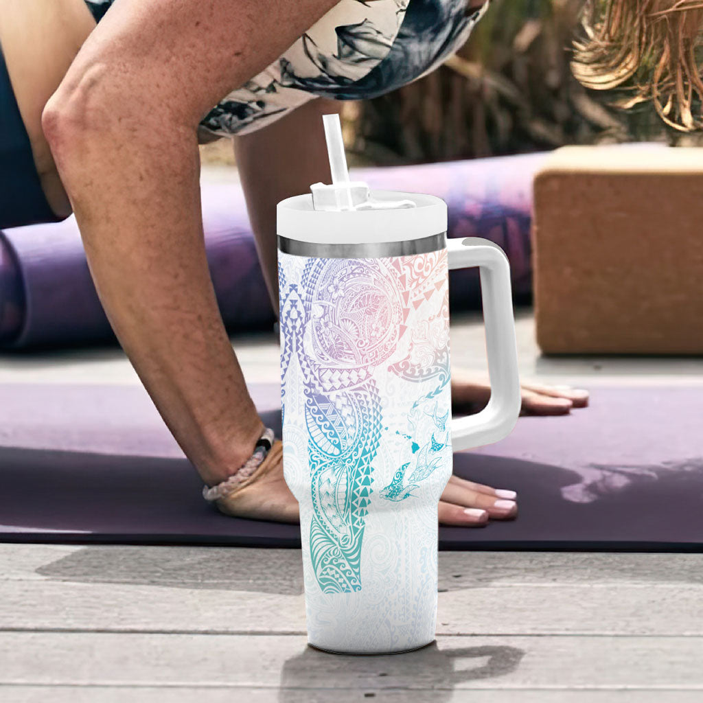 Hawaiian Manta Ray Tribal Tumbler With Handle Polynesian Art Motifs Sweet Pastel LT03 - Polynesian Pride