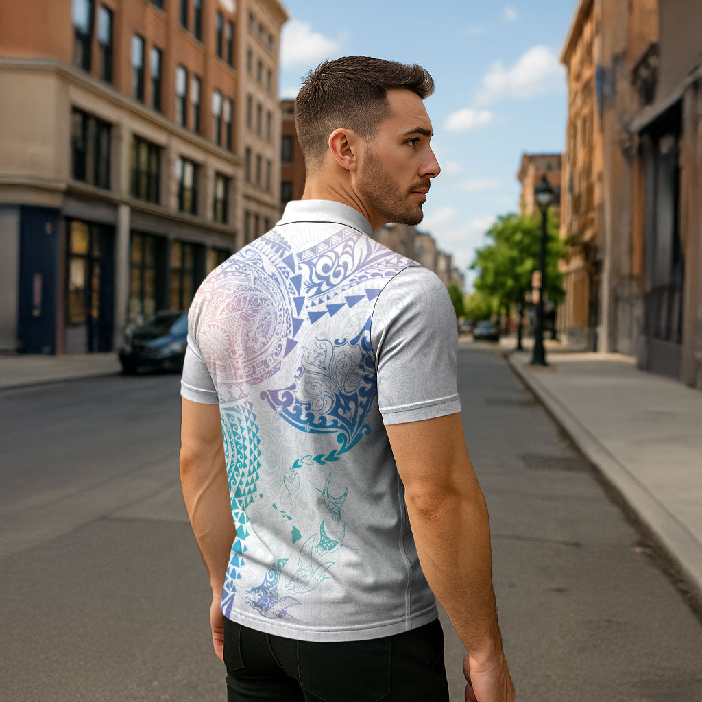 Hawaiian Manta Ray Tribal Zipper Polo Shirt Polynesian Art Motifs Sweet Pastel LT03 - Polynesian Pride