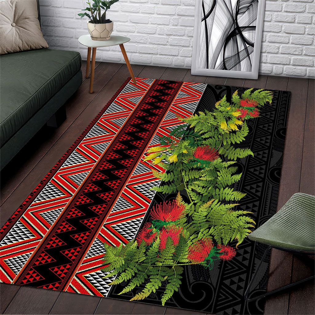 Maori Tukutuku Area Rug with Ferns Pohutukawa and Kowhai Tribal Moko Patterns LT03 Multicolor - Polynesian Pride