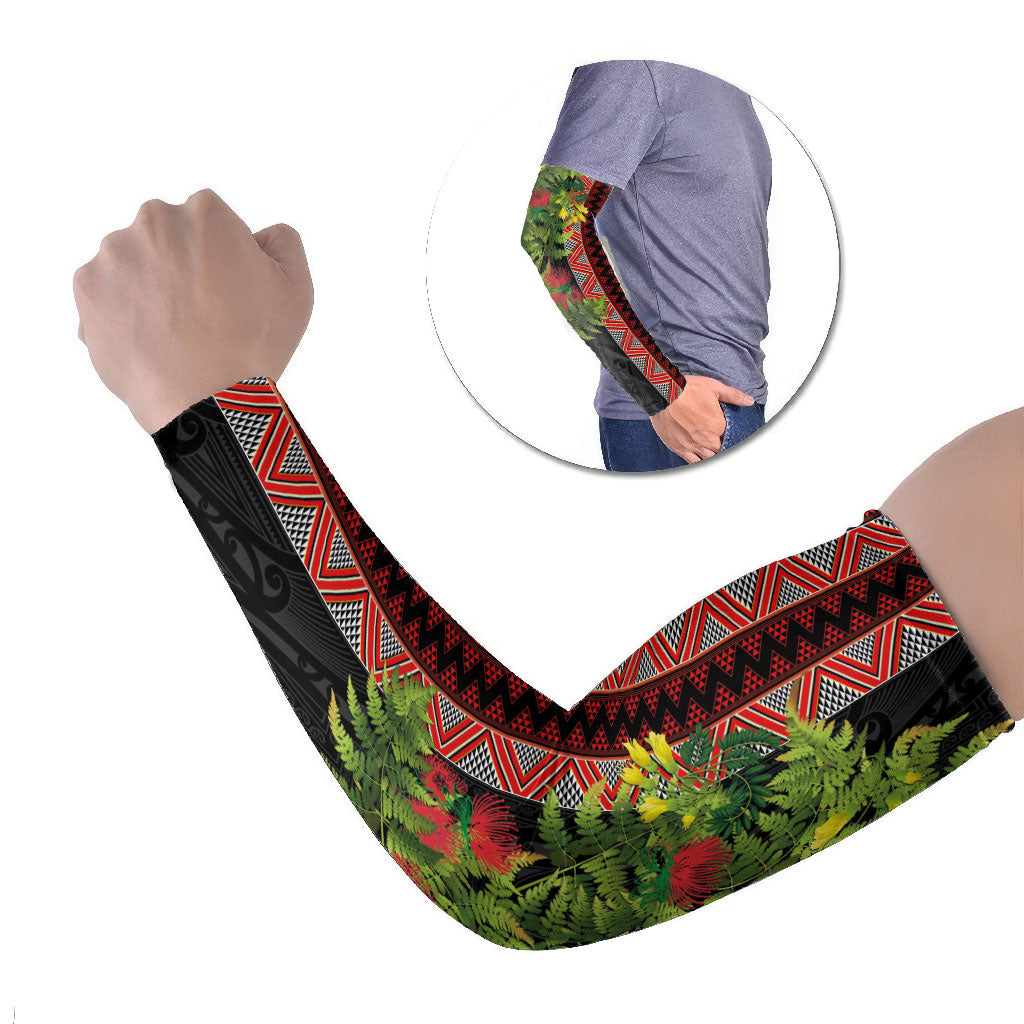 Maori Tukutuku Arm Sleeves with Ferns Pohutukawa and Kowhai Tribal Moko Patterns LT03 Set of 2 Multicolor - Polynesian Pride