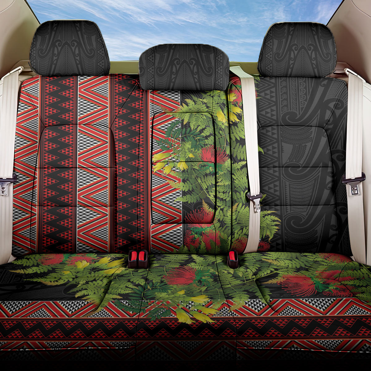 Maori Tukutuku Back Car Seat Cover with Ferns Pohutukawa and Kowhai Tribal Moko Patterns LT03 One Size Multicolor - Polynesian Pride