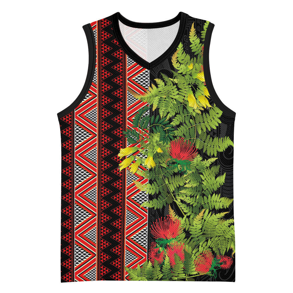 Maori Tukutuku Basketball Jersey with Ferns Pohutukawa and Kowhai Tribal Moko Patterns LT03 Unisex Multicolor - Polynesian Pride