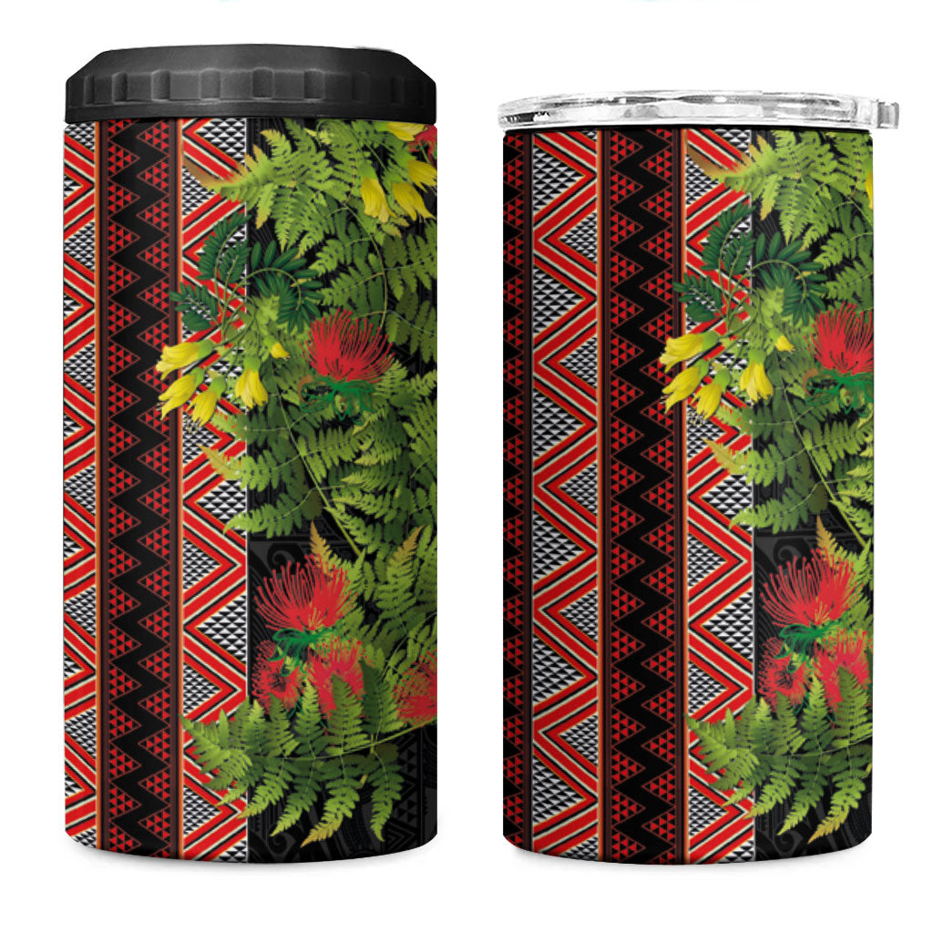 Maori Tukutuku 4 in 1 Can Cooler Tumbler with Ferns Pohutukawa and Kowhai Tribal Moko Patterns LT03 One Size: 16 oz Multicolor - Polynesian Pride