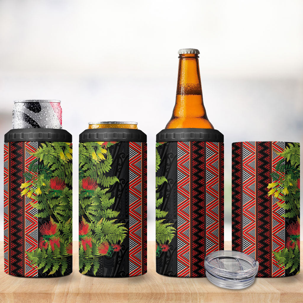 Maori Tukutuku 4 in 1 Can Cooler Tumbler with Ferns Pohutukawa and Kowhai Tribal Moko Patterns LT03 - Polynesian Pride
