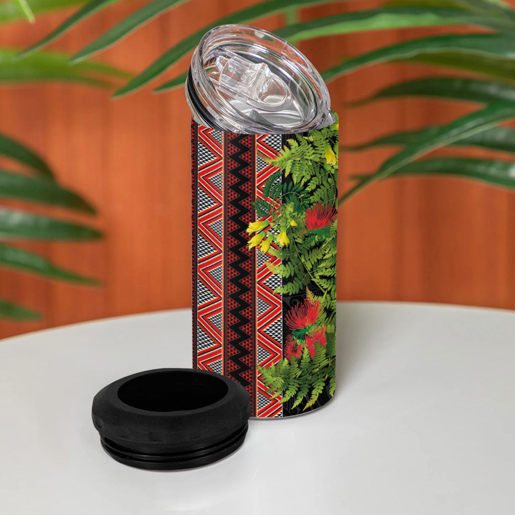 Maori Tukutuku 4 in 1 Can Cooler Tumbler with Ferns Pohutukawa and Kowhai Tribal Moko Patterns LT03 - Polynesian Pride