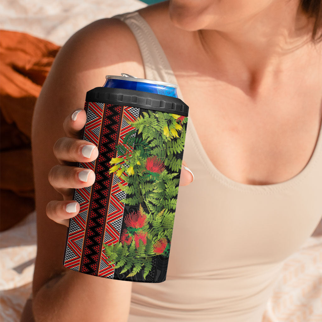 Maori Tukutuku 4 in 1 Can Cooler Tumbler with Ferns Pohutukawa and Kowhai Tribal Moko Patterns LT03 - Polynesian Pride