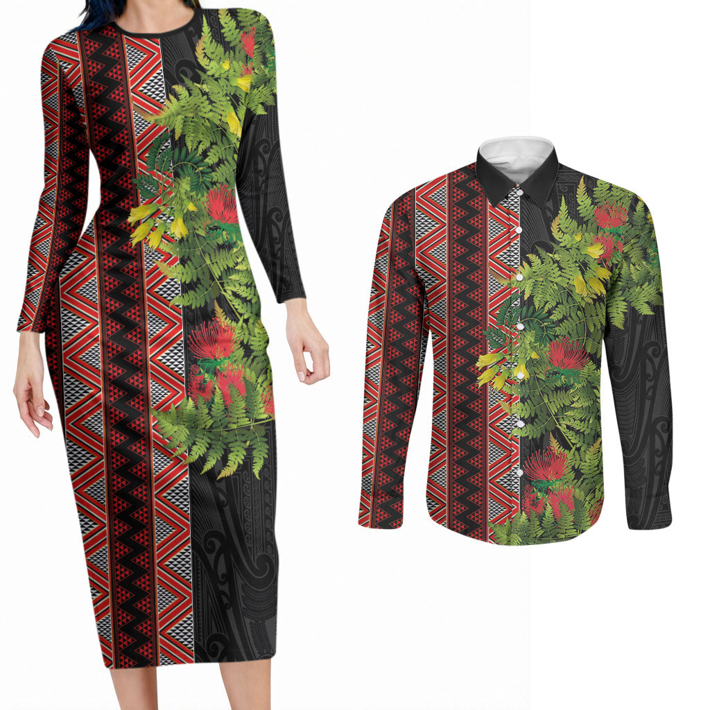 Maori Tukutuku Couples Matching Long Sleeve Bodycon Dress and Long Sleeve Button Shirt with Ferns Pohutukawa and Kowhai Tribal Moko Patterns LT03 Multicolor - Polynesian Pride