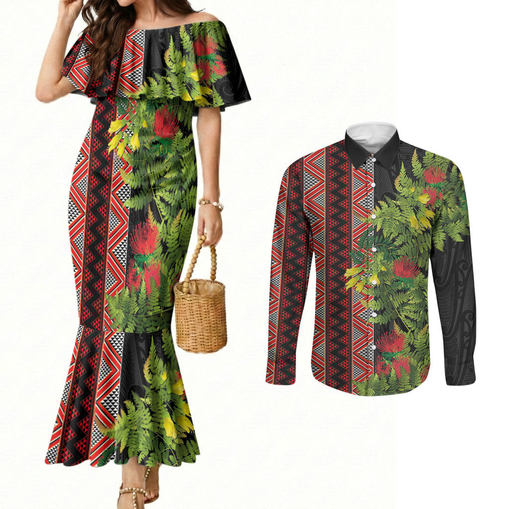 Maori Tukutuku Couples Matching Mermaid Dress and Long Sleeve Button Shirt with Ferns Pohutukawa and Kowhai Tribal Moko Patterns LT03 Multicolor - Polynesian Pride