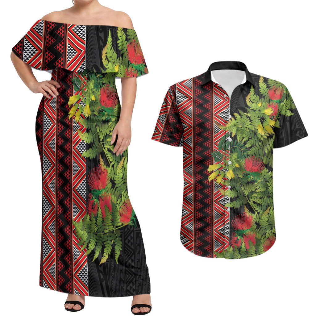 Maori Tukutuku Couples Matching Off Shoulder Maxi Dress and Hawaiian Shirt with Ferns Pohutukawa and Kowhai Tribal Moko Patterns LT03 Multicolor - Polynesian Pride