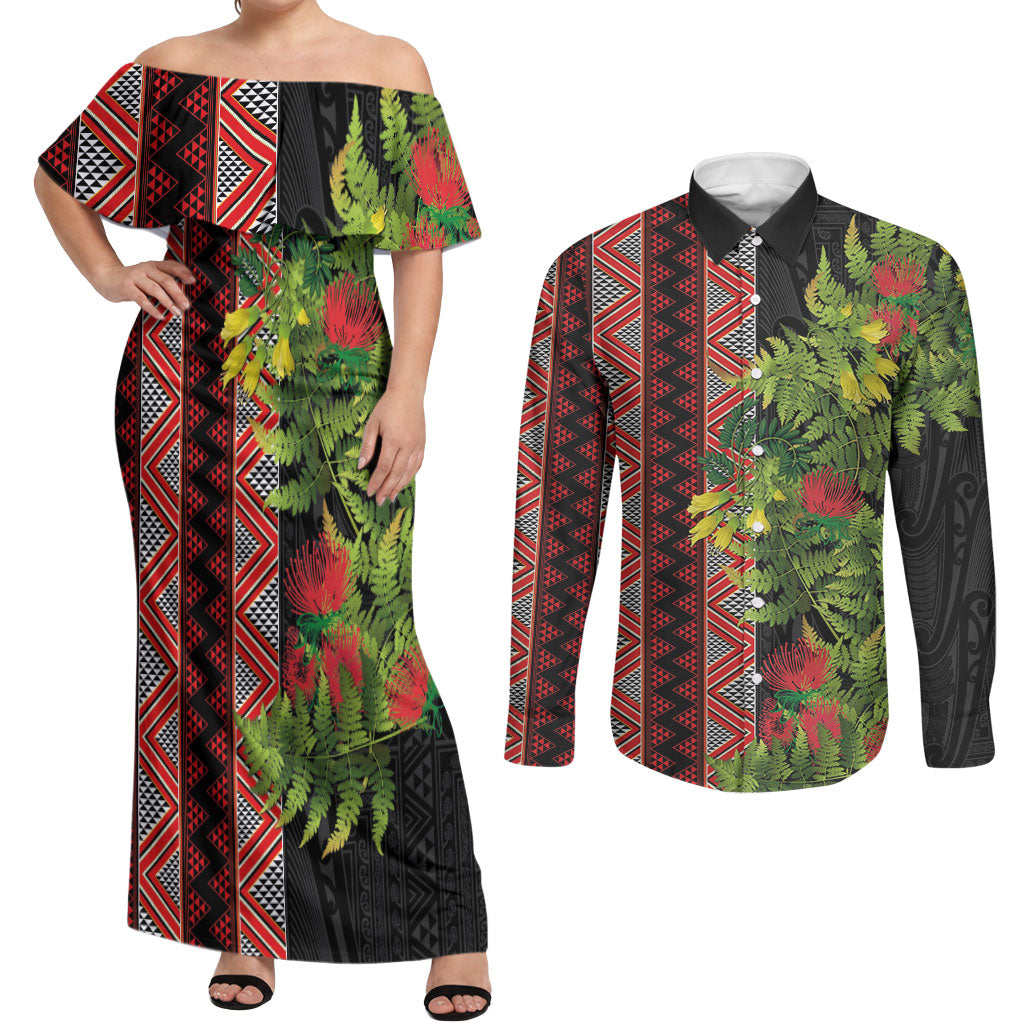 Maori Tukutuku Couples Matching Off Shoulder Maxi Dress and Long Sleeve Button Shirt with Ferns Pohutukawa and Kowhai Tribal Moko Patterns LT03 Multicolor - Polynesian Pride