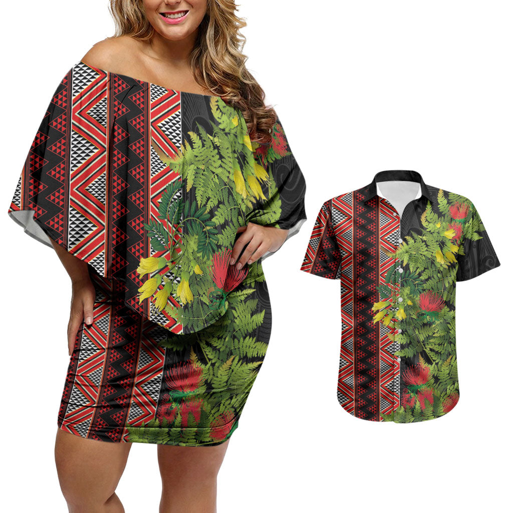 Maori Tukutuku Couples Matching Off Shoulder Short Dress and Hawaiian Shirt with Ferns Pohutukawa and Kowhai Tribal Moko Patterns LT03 Multicolor - Polynesian Pride